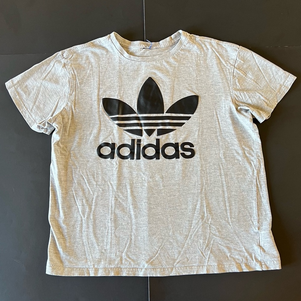 Adidas Large 14/16 Boys Gray Black Trefoil Logo Shirt Top Tee